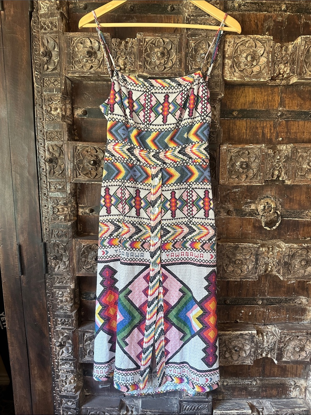 FARM Rio Bright Multicolor Geometric Midi Dress Boho Aztec Tribal Summer